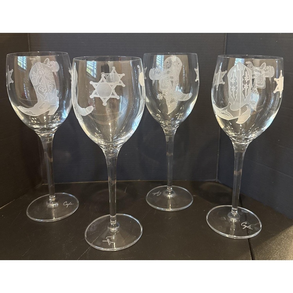 Crystal Wine Glasses Etched Cowboy Boot Saddle Badge Western Coyle Set Of 4
